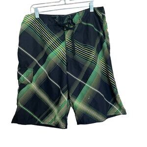 Point‎ Zero Board  Shorts Size Large Plaid Black Green Yellow White Swimwear